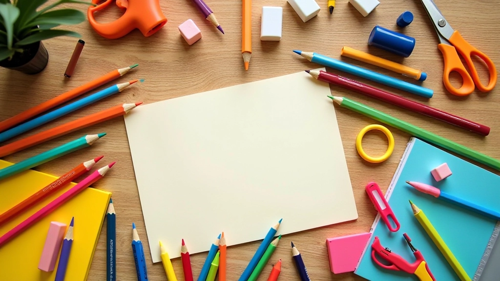Liste de fournitures scolaires colorées étalées sur une table avec stylos, crayons et cahiers