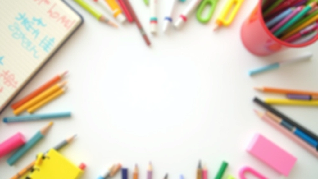 Fournitures scolaires colorées étalées sur un bureau blanc avec stylos, crayons et cahiers