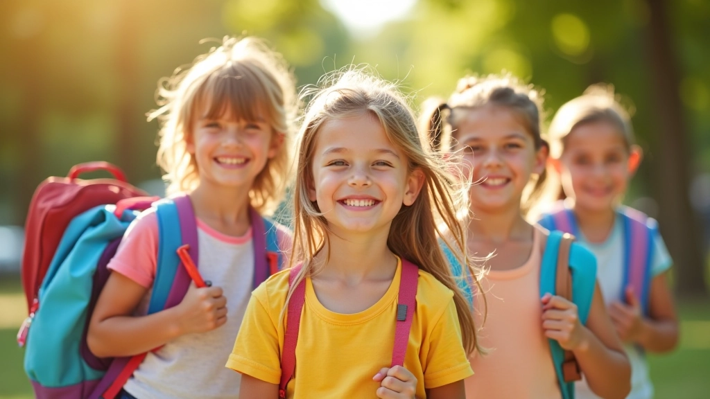 Enfants avec sacs à dos et fournitures scolaires colorées