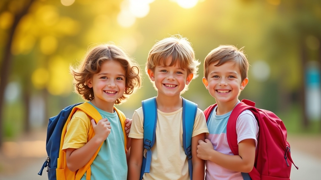 Enfants heureux avec leurs fournitures scolaires neuves et cartables colorés