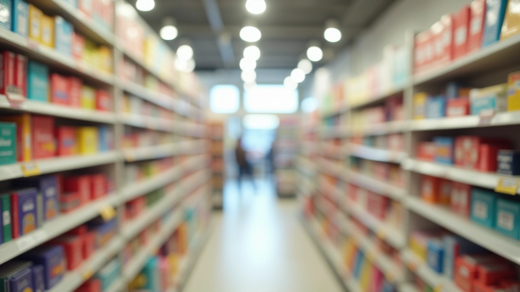 Intérieur d'une grande papeterie avec rayons de fournitures scolaires et affiches de promotions