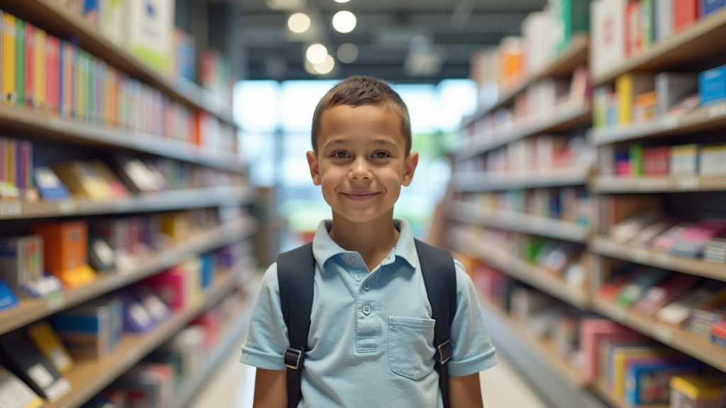 Magasin de fournitures scolaires bien organisé avec des rayons colorés de cahiers et stylos