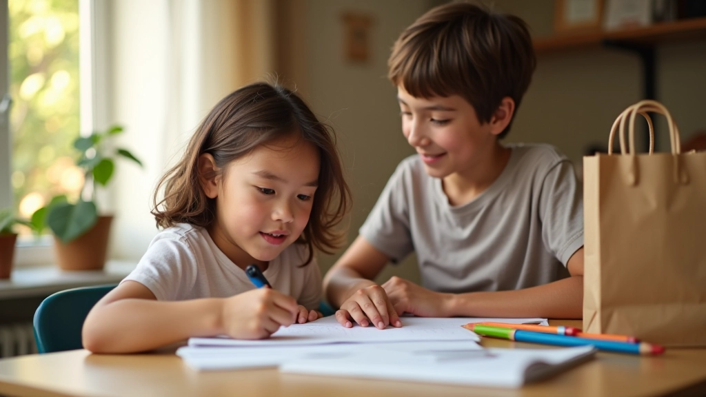 Parent et enfant préparant ensemble la liste de fournitures scolaires à la maison