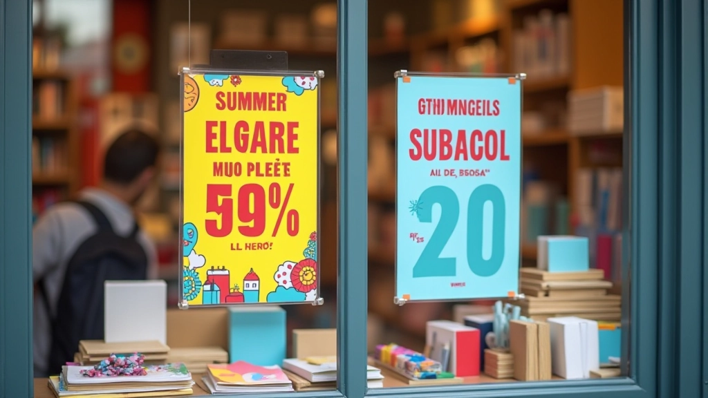 Affiches de promotions d'été dans une papeterie avec réductions et offres spéciales