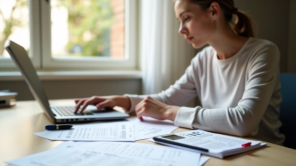 Femme consultant un budget sur un ordinateur portable avec calculatrice et documents de dépenses