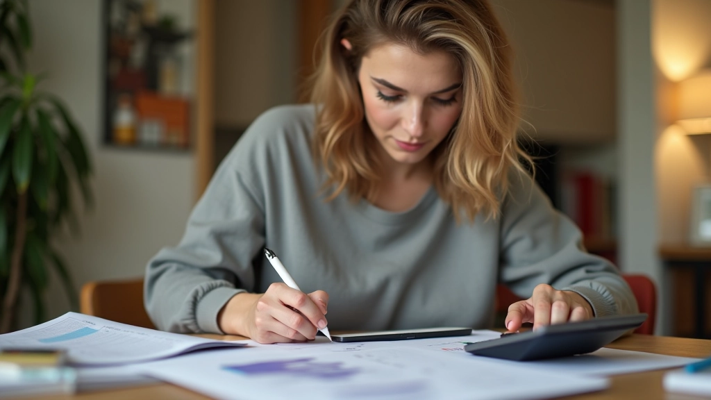 Femme consultant un tableur de budget sur son ordinateur portable avec calculatrice et documents